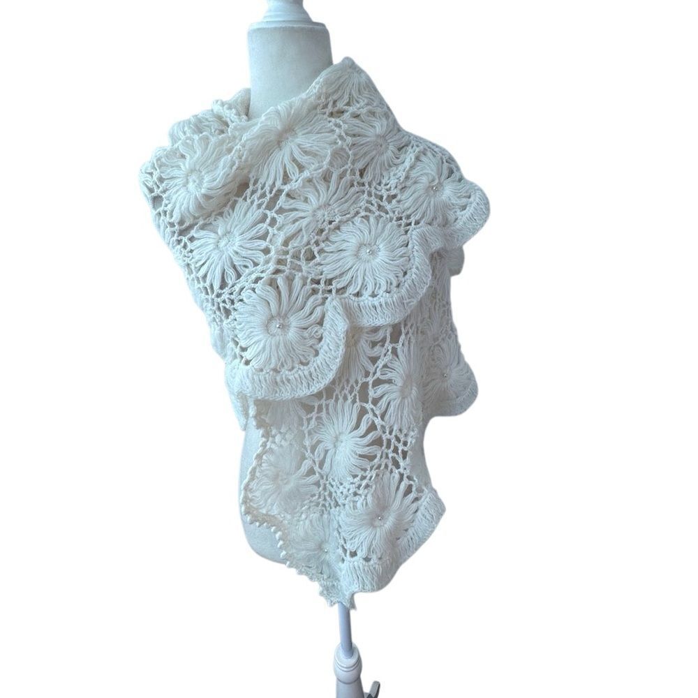Handmade Crochet Cream Shawl Large Floral Pattern Pearl Detail Handmade